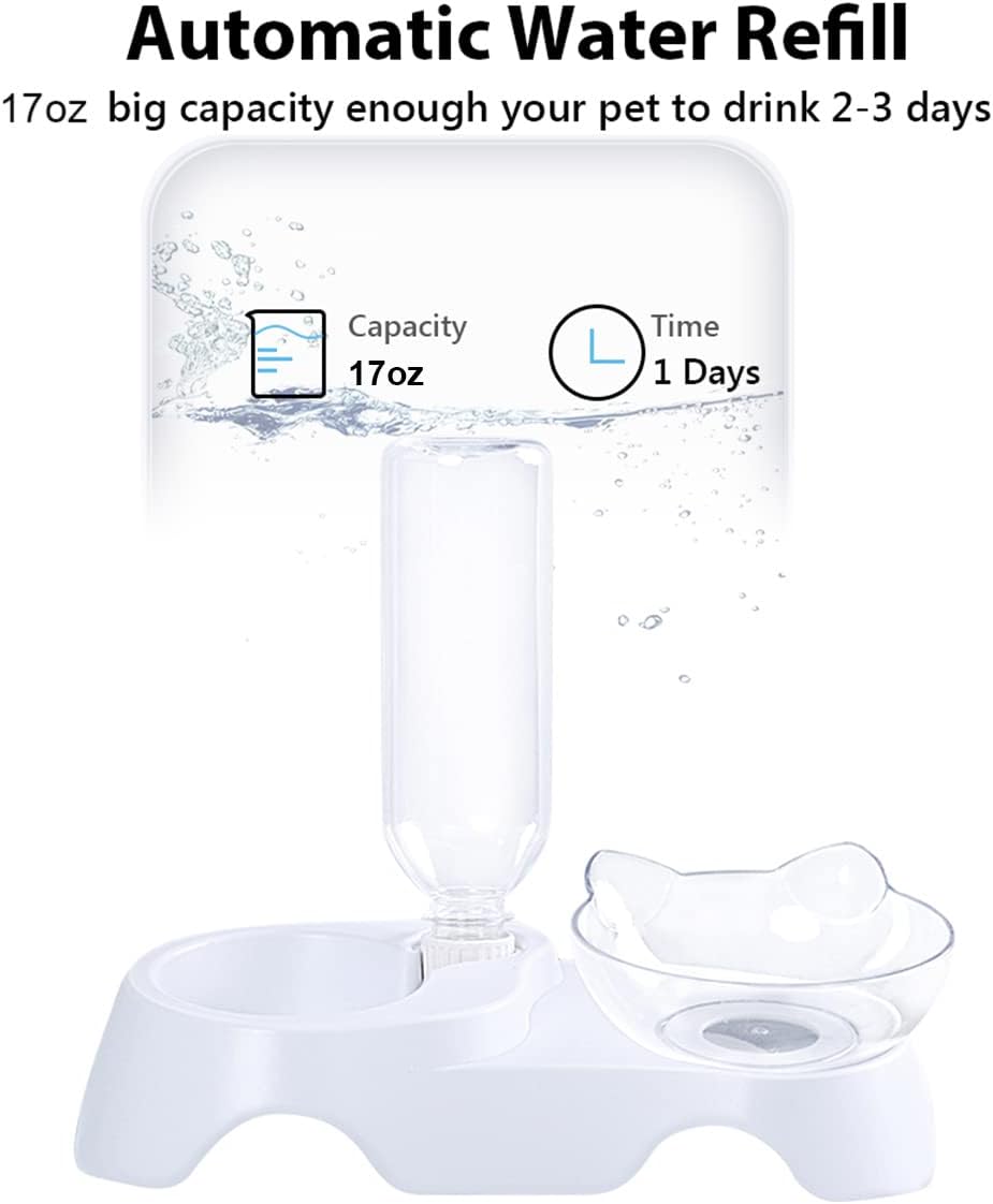 KFX-4485949 Automatic 15° Tilted Pet Food and Water Bowl Set with Water Bottle for Small to Medium Dogs and Cats