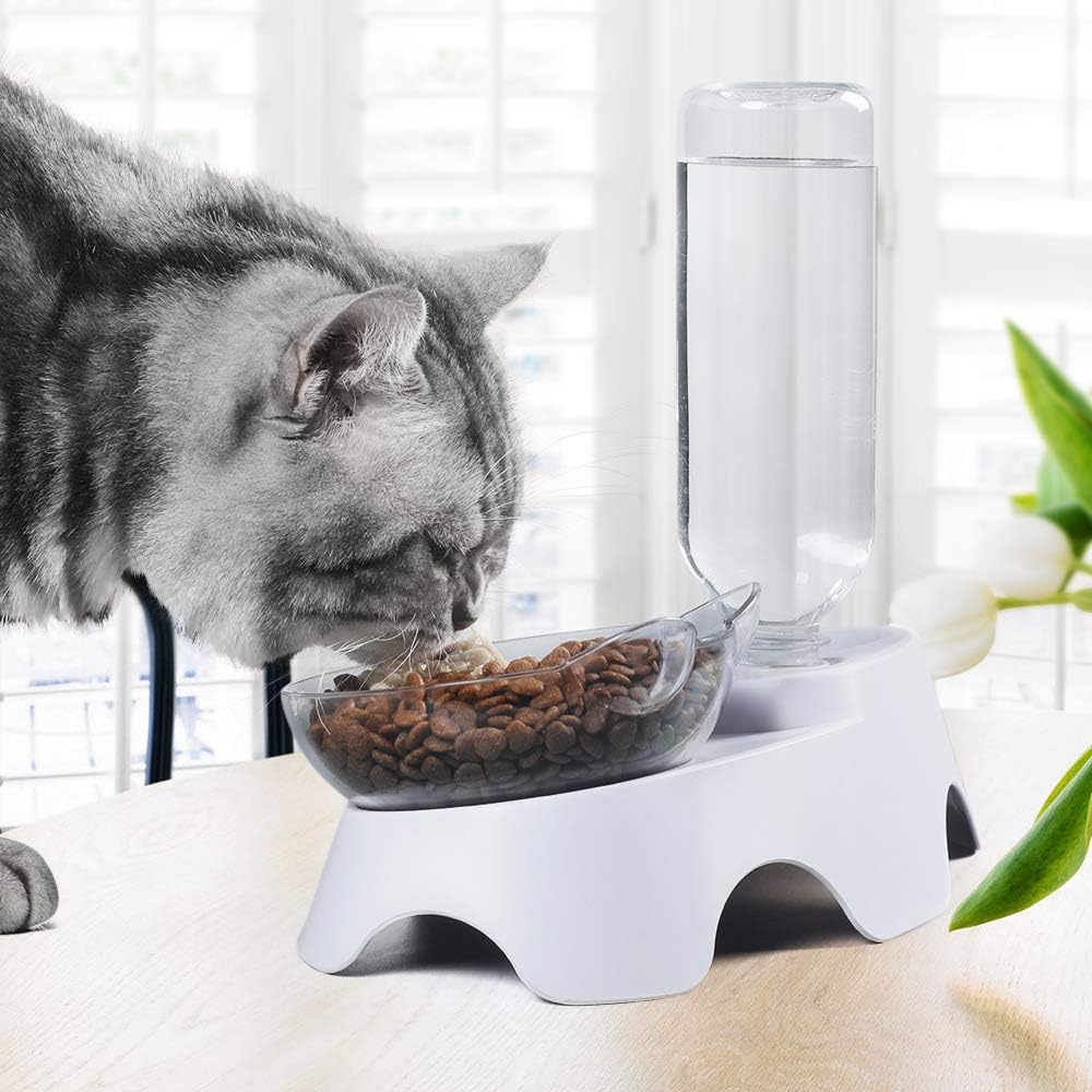 KFX-4485949 Automatic 15° Tilted Pet Food and Water Bowl Set with Water Bottle for Small to Medium Dogs and Cats