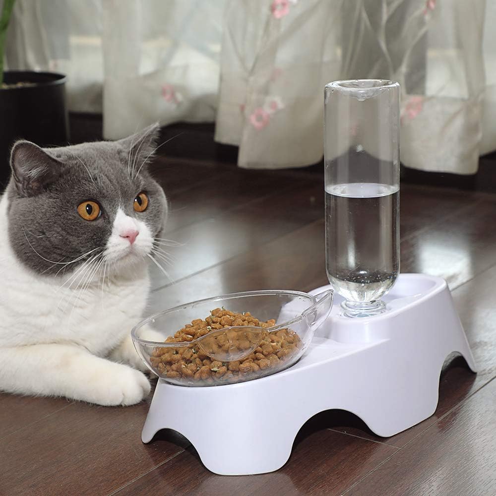 KFX-4485949 Automatic 15° Tilted Pet Food and Water Bowl Set with Water Bottle for Small to Medium Dogs and Cats