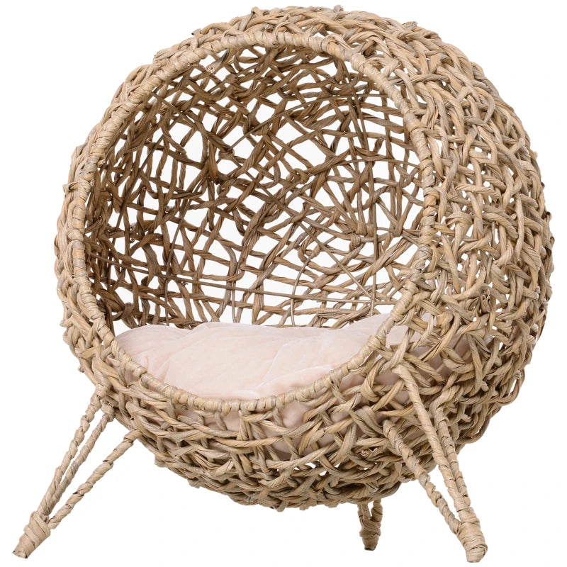KFX-4486077 Hand-Woven Elevated Cat Bed with Soft Cushion, Natural Rattan Design for Cats Under 11 Pounds