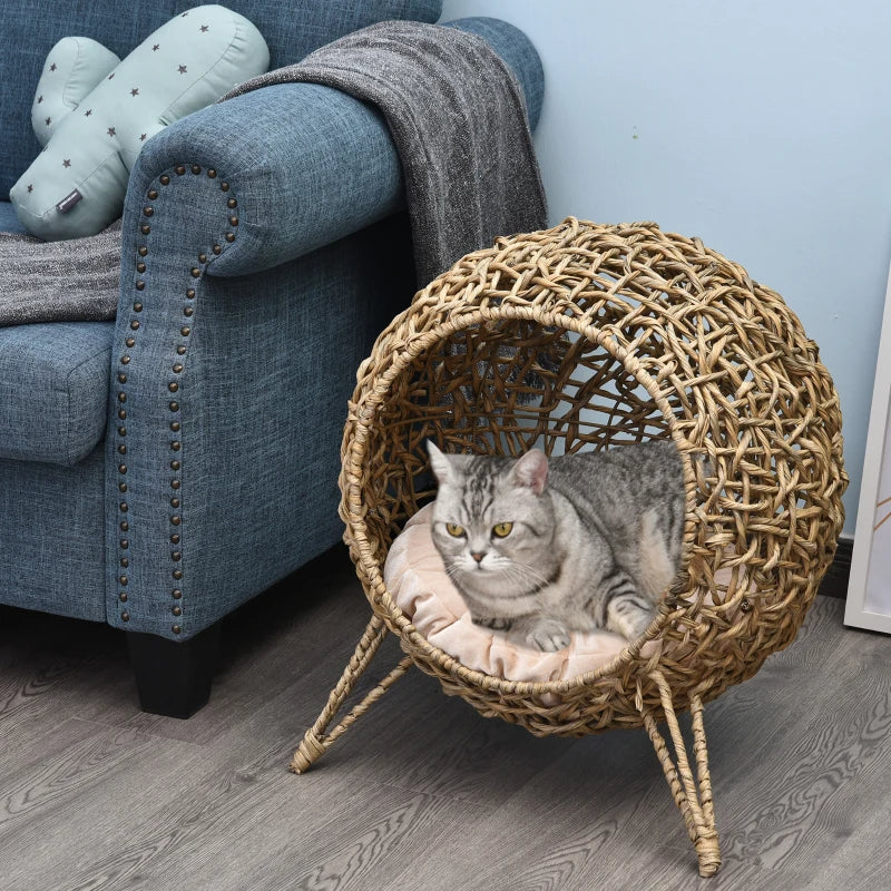 KFX-4486077 Hand-Woven Elevated Cat Bed with Soft Cushion, Natural Rattan Design for Cats Under 11 Pounds