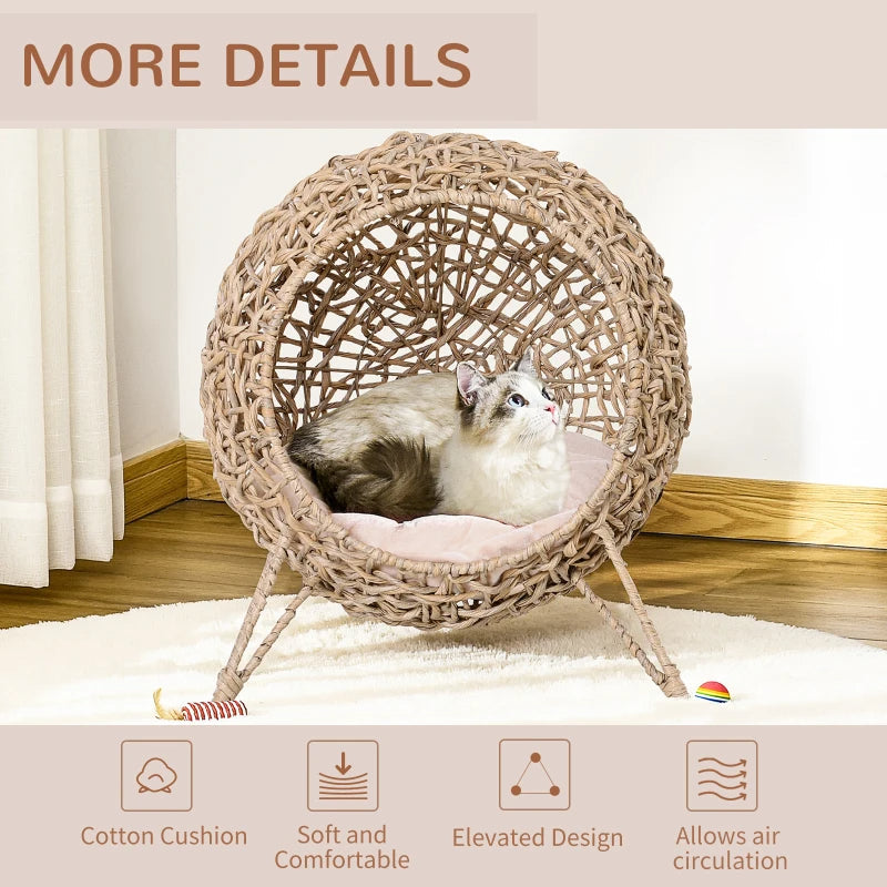 KFX-4486077 Hand-Woven Elevated Cat Bed with Soft Cushion, Natural Rattan Design for Cats Under 11 Pounds