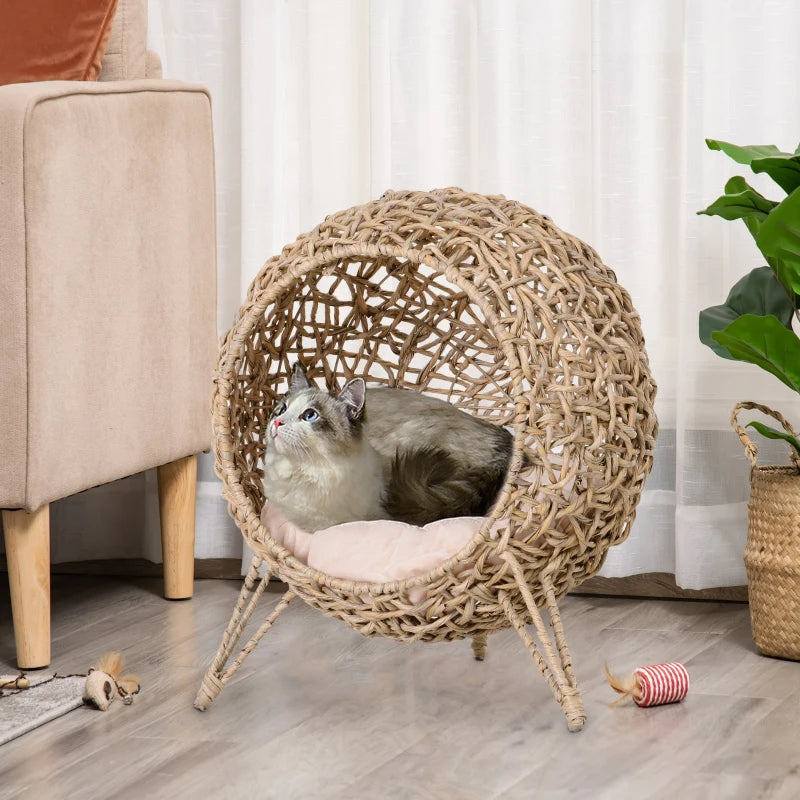 KFX-4486077 Hand-Woven Elevated Cat Bed with Soft Cushion, Natural Rattan Design for Cats Under 11 Pounds