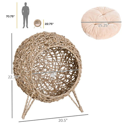 KFX-4486077 Hand-Woven Elevated Cat Bed with Soft Cushion, Natural Rattan Design for Cats Under 11 Pounds