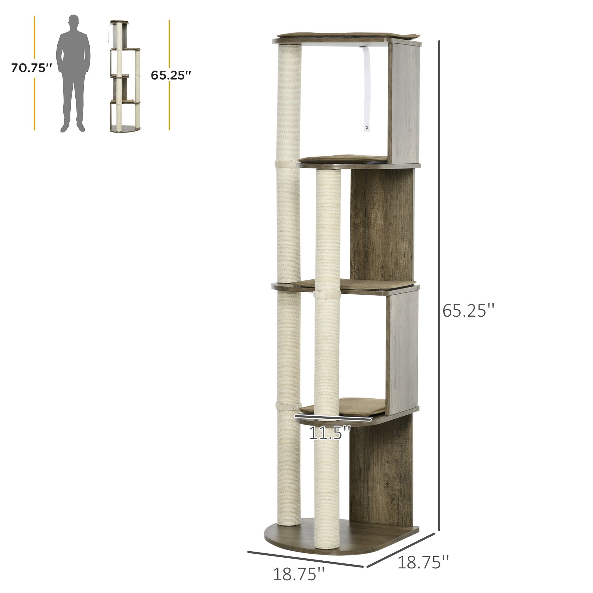 KFX-4487741 65" Cream White Corner Cat Tree with Scratching Posts, Multilevel Tower for Climbing and Napping