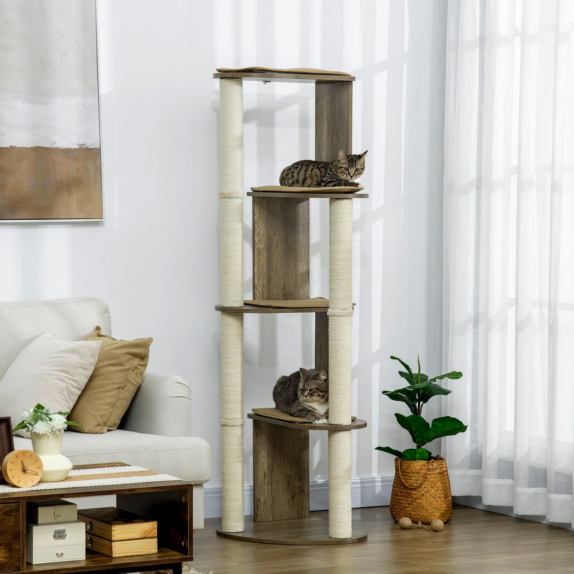 KFX-4487741 65" Cream White Corner Cat Tree with Scratching Posts, Multilevel Tower for Climbing and Napping