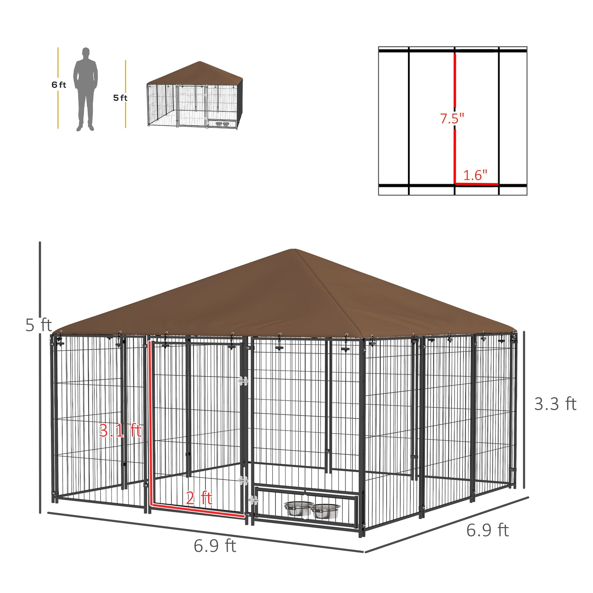 KFX-4488125 Outdoor Dog Kennel with Canopy and Rotating Bowls - 6.9' x 6.9' x 5' Enclosure for Comfort and Hydration