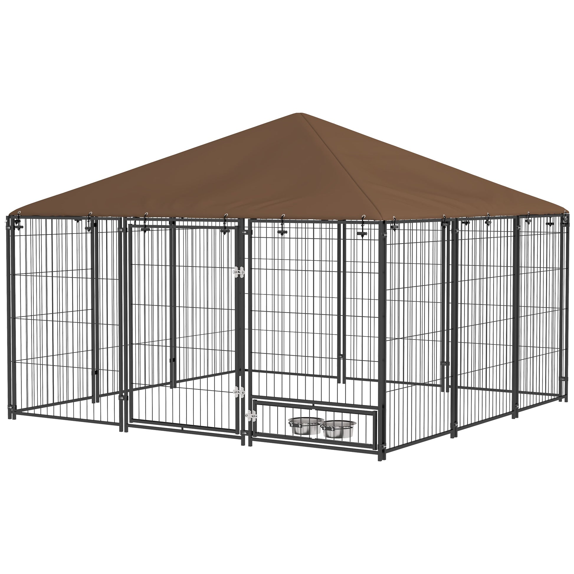 KFX-4488125 Outdoor Dog Kennel with Canopy and Rotating Bowls - 6.9' x 6.9' x 5' Enclosure for Comfort and Hydration