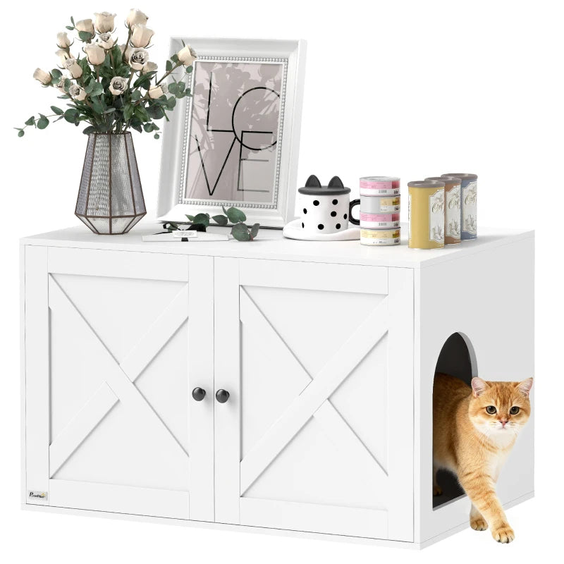 KFX-4493885 Cat Litter Box Enclosure with Barn Door, Stylish White Cabinet for Privacy and Organization