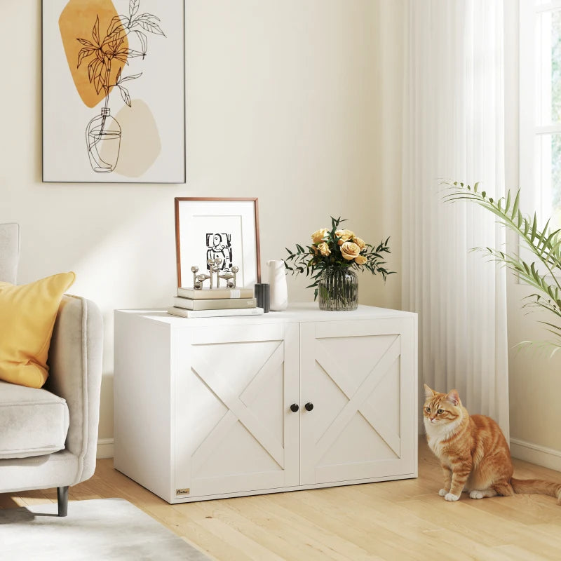 KFX-4493885 Cat Litter Box Enclosure with Barn Door, Stylish White Cabinet for Privacy and Organization