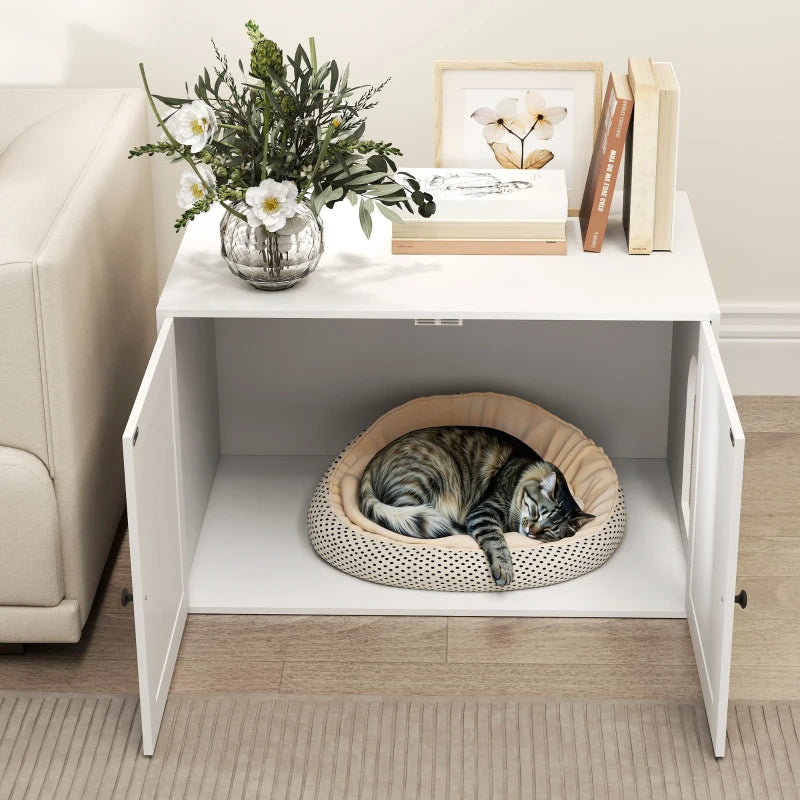 KFX-4493885 Cat Litter Box Enclosure with Barn Door, Stylish White Cabinet for Privacy and Organization