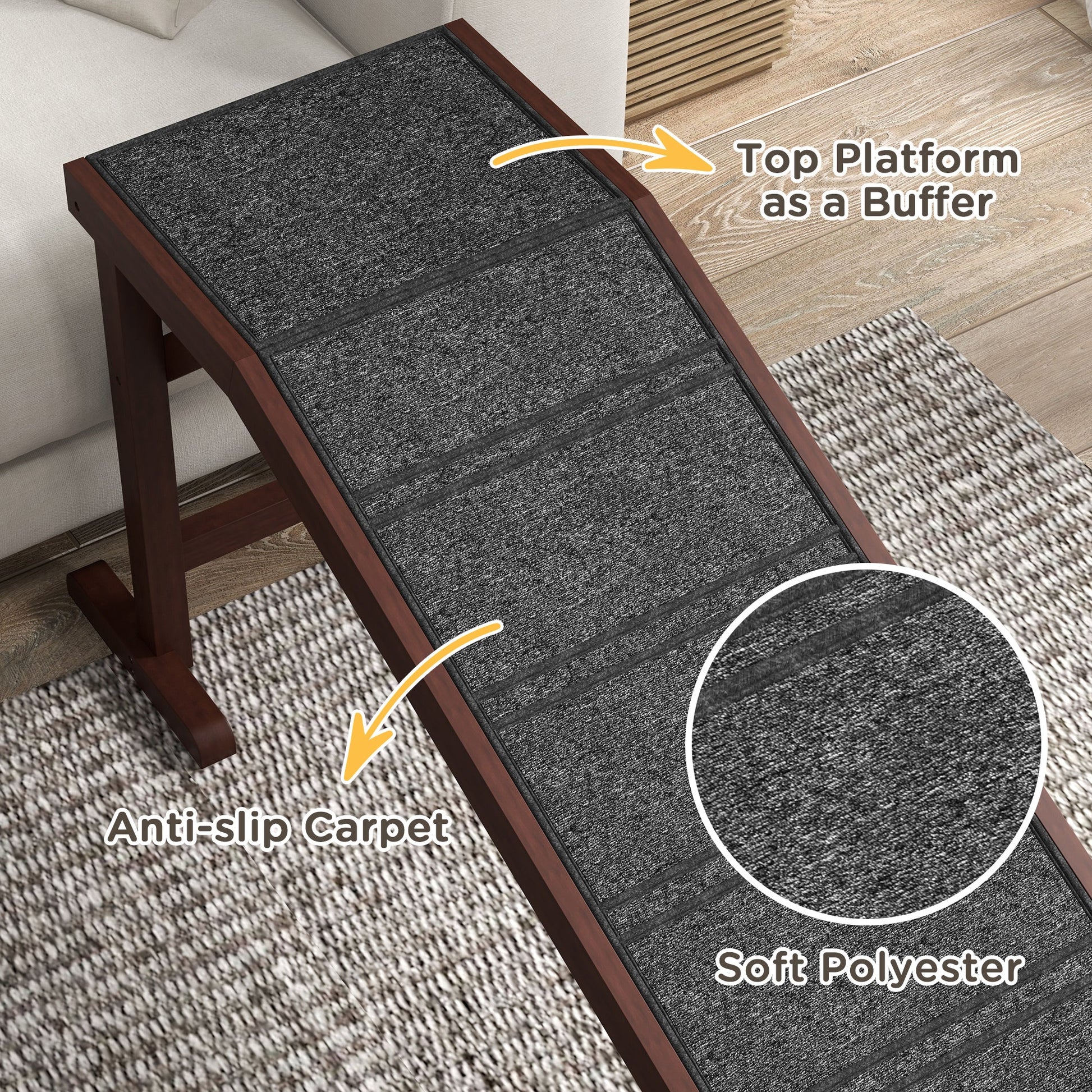 KFX-4495677 Pet Assist Ramp for Dogs and Cats - Pine Wood, Anti-Slip Surface, 74" L x 16" W x 25" H, Supports Pets Under 77 lbs