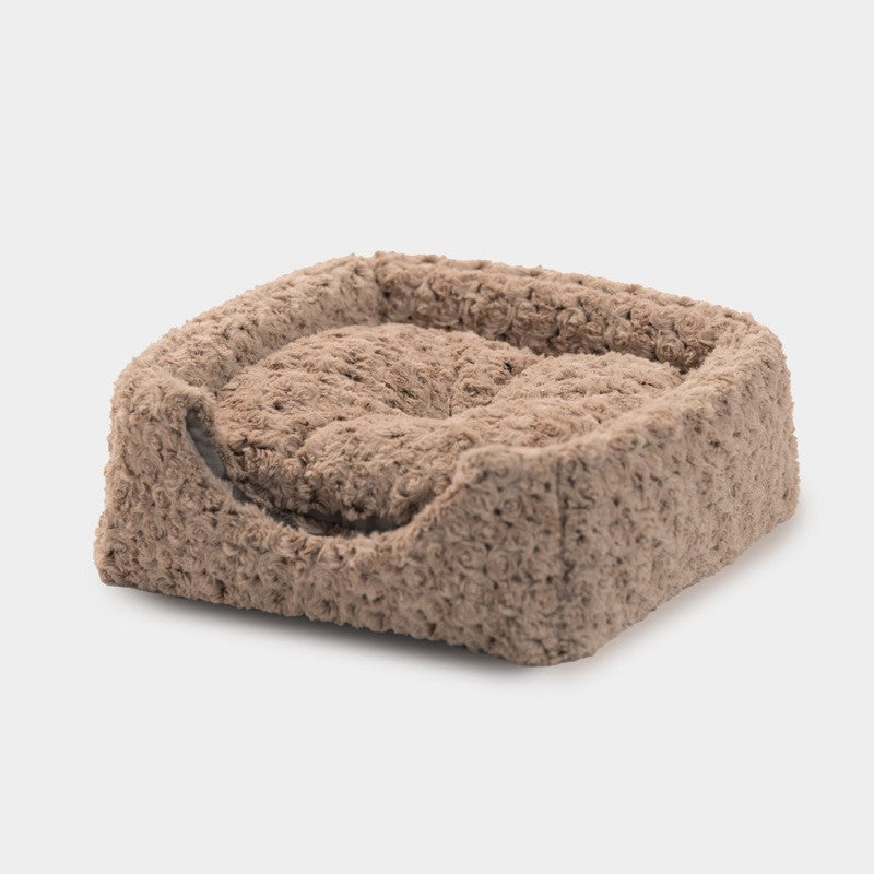 KFX-4505789 Foldable Cat Nest with Fully Enclosed Design in Brown Fancy Velvet and Rabbit Fur