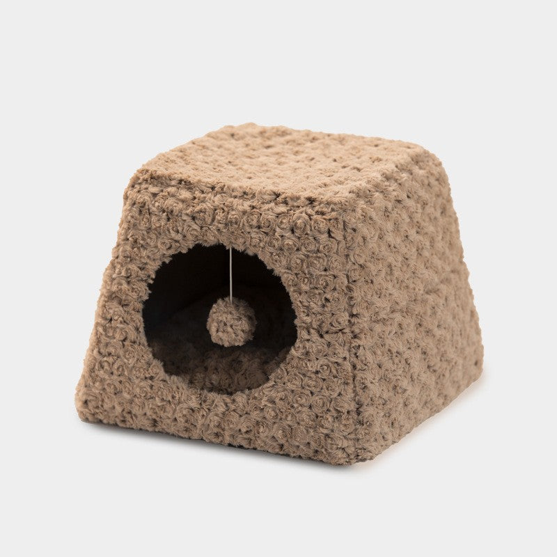 KFX-4505789 Foldable Cat Nest with Fully Enclosed Design in Brown Fancy Velvet and Rabbit Fur