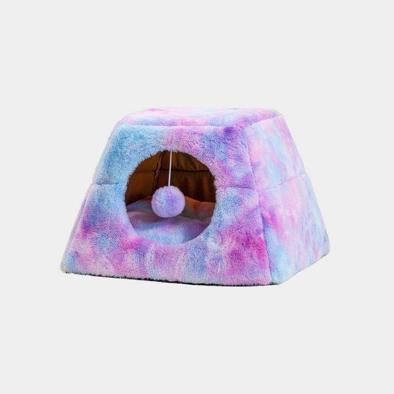 KFX-4505789 Foldable Cat Nest with Fully Enclosed Design in Brown Fancy Velvet and Rabbit Fur
