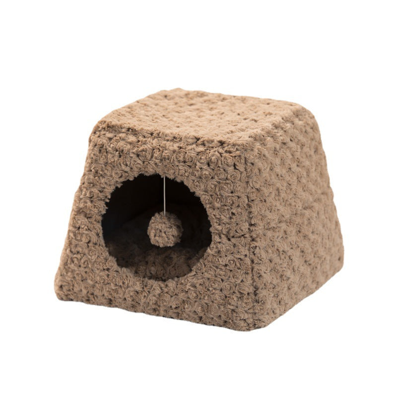 KFX-4505789 Foldable Cat Nest with Fully Enclosed Design in Brown Fancy Velvet and Rabbit Fur