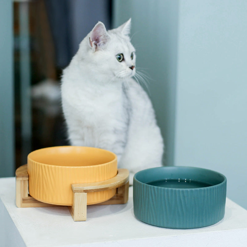 KFX-4511677 Pet Food Bowl with Bamboo Wood Frame - Ceramic Design in Pink, Yellow, Green, and White, Small 400ml / Large 850ml Capacity