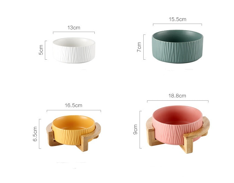 KFX-4511677 Pet Food Bowl with Bamboo Wood Frame - Ceramic Design in Pink, Yellow, Green, and White, Small 400ml / Large 850ml Capacity