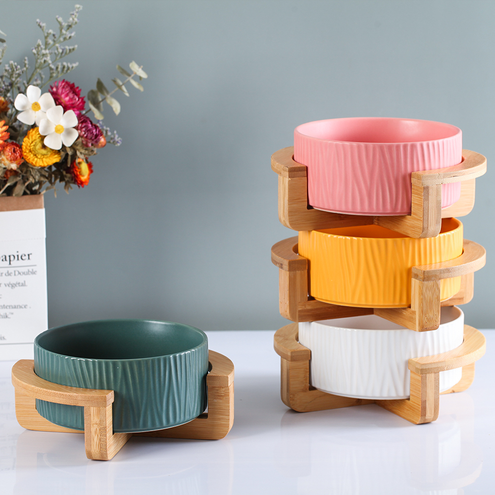 KFX-4511677 Pet Food Bowl with Bamboo Wood Frame - Ceramic Design in Pink, Yellow, Green, and White, Small 400ml / Large 850ml Capacity