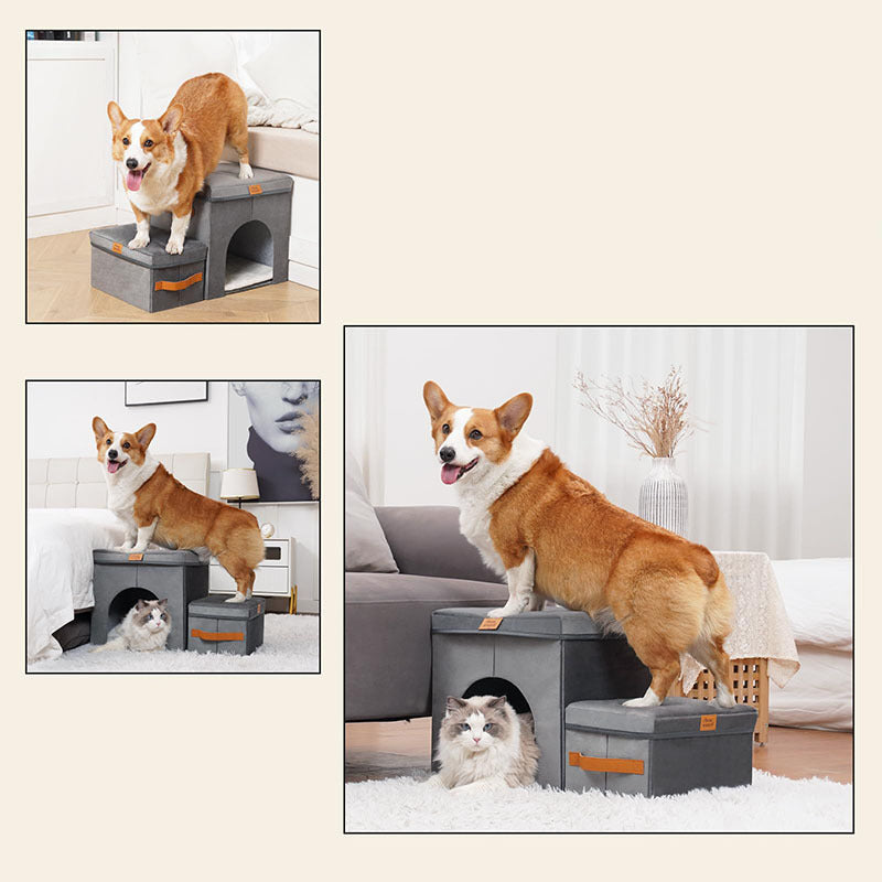 KFX-4514749 Foldable Gray Pet Storage Stairs for Dogs - 2 or 3 Steps Available, Durable Cloth Material