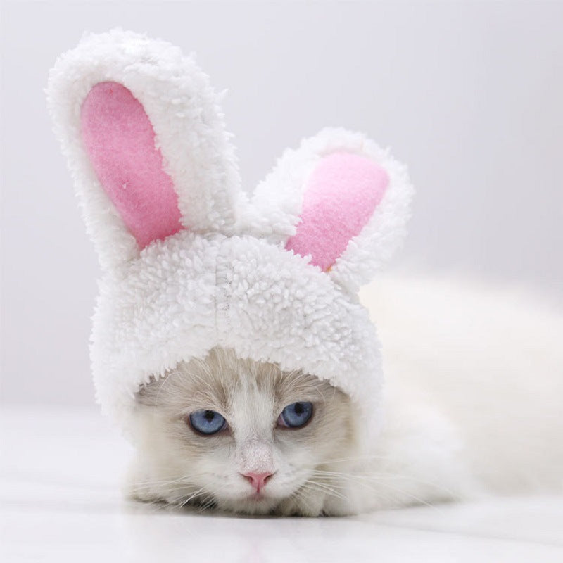 KFX-4516285 Warm White Cashmere Rabbit Ears Pet Hat for 5-15 Cat Weight, 120cm Length