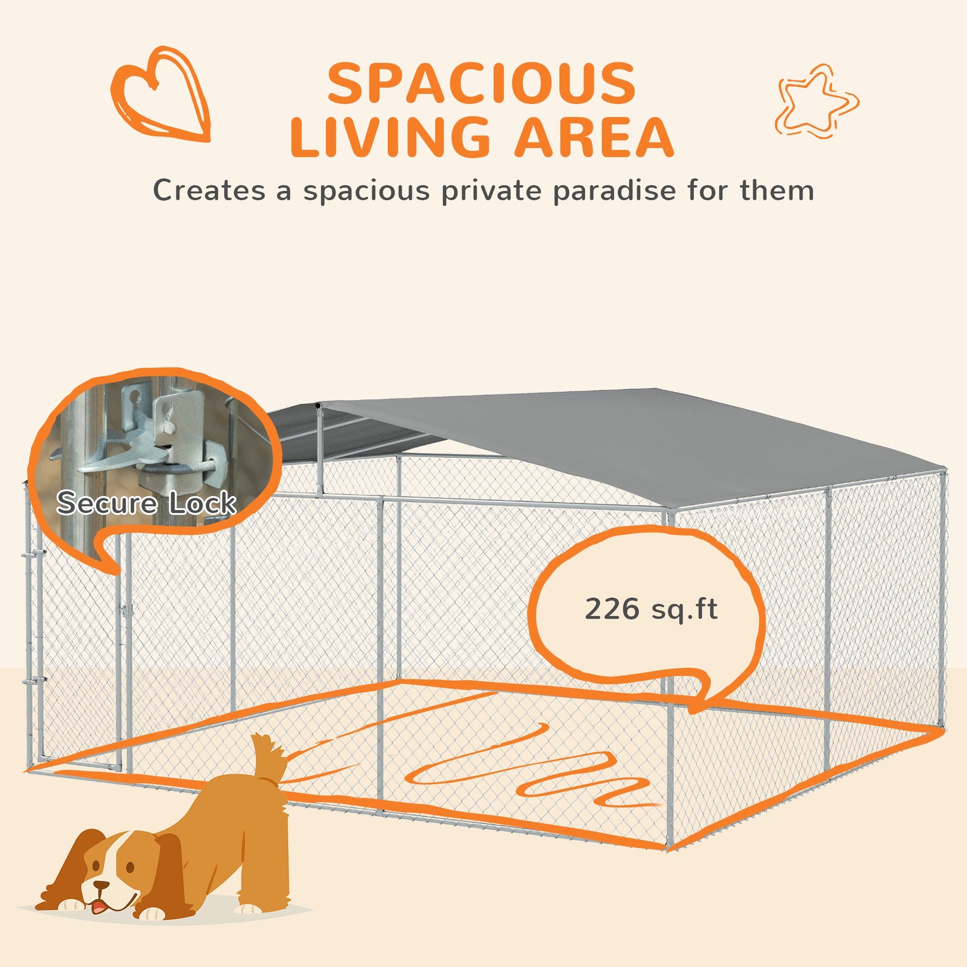 KFX-4520893 15x15 Outdoor Dog Kennel with Roof, Galvanized Steel Frame for Large Dogs, Secure Enclosure for Backyard Use