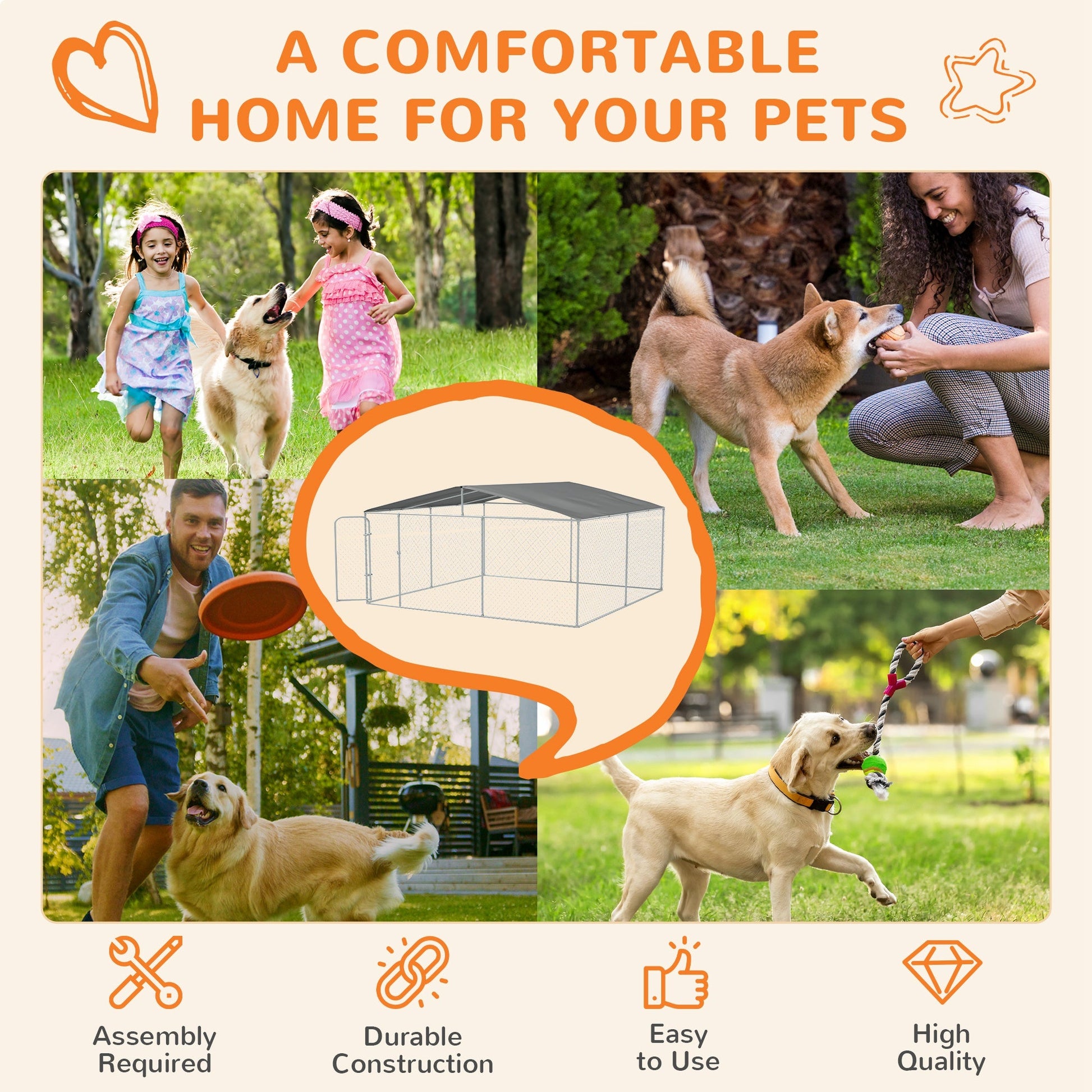 KFX-4520893 15x15 Outdoor Dog Kennel with Roof, Galvanized Steel Frame for Large Dogs, Secure Enclosure for Backyard Use
