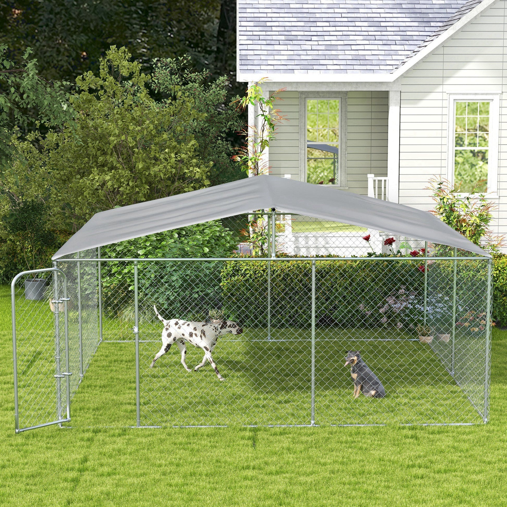 KFX-4520893 15x15 Outdoor Dog Kennel with Roof, Galvanized Steel Frame for Large Dogs, Secure Enclosure for Backyard Use