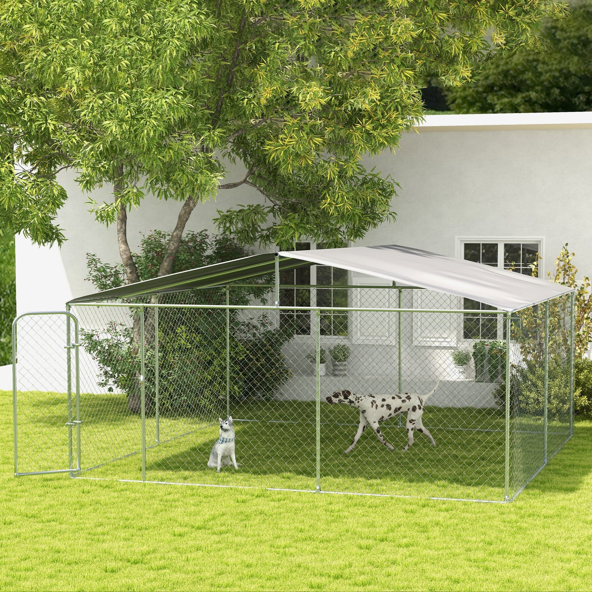 KFX-4520893 15x15 Outdoor Dog Kennel with Roof, Galvanized Steel Frame for Large Dogs, Secure Enclosure for Backyard Use