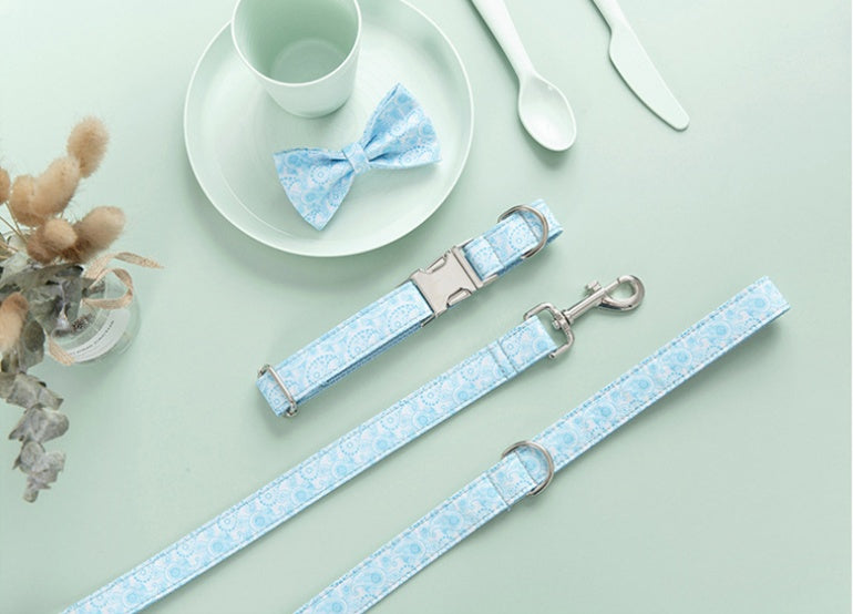 KFX-4526781 Paisley Pattern Dog Collar and Leash Set with Bow - Polyester Material, Multiple Sizes Available