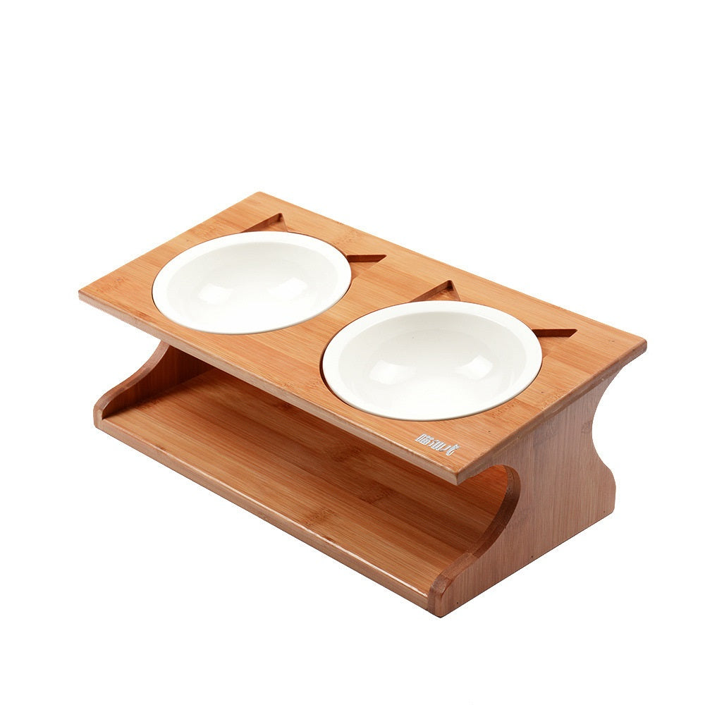 KFX-4532925 Solid Wood Cat Bowl with Bone China Dish Rack - Easy to Clean and Eco-Friendly