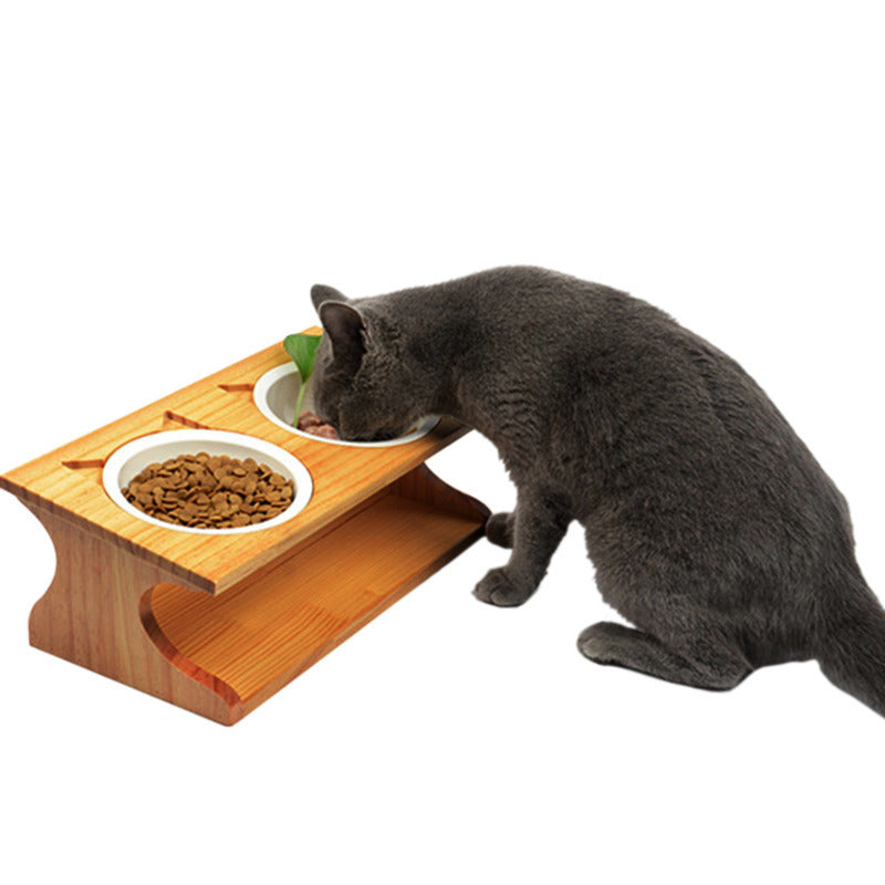 KFX-4532925 Solid Wood Cat Bowl with Bone China Dish Rack - Easy to Clean and Eco-Friendly