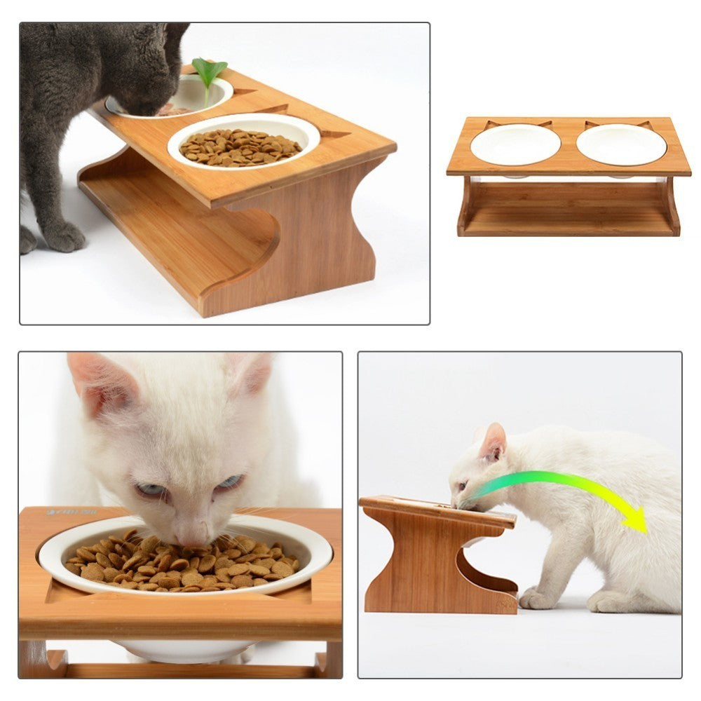 KFX-4532925 Solid Wood Cat Bowl with Bone China Dish Rack - Easy to Clean and Eco-Friendly