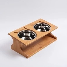 KFX-4532925 Solid Wood Cat Bowl with Bone China Dish Rack - Easy to Clean and Eco-Friendly