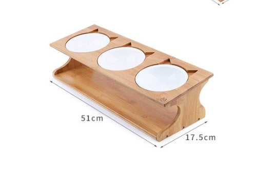 KFX-4532925 Solid Wood Cat Bowl with Bone China Dish Rack - Easy to Clean and Eco-Friendly