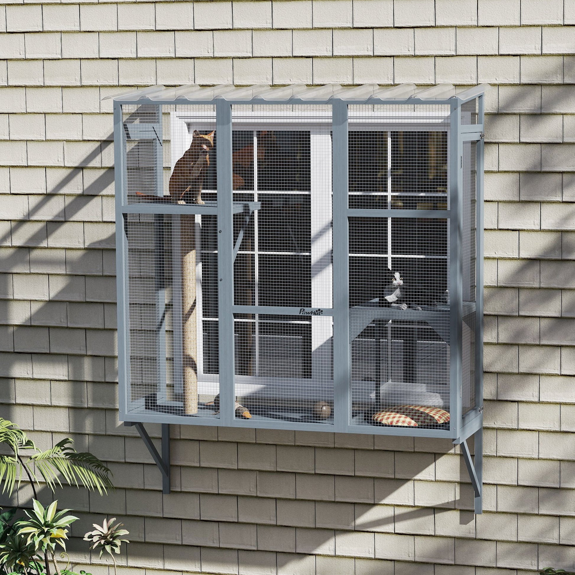 KFX-4538557 Spacious Multi-Level Cat Catio with Safety Net and Jumping Platforms for Outdoor Exploration