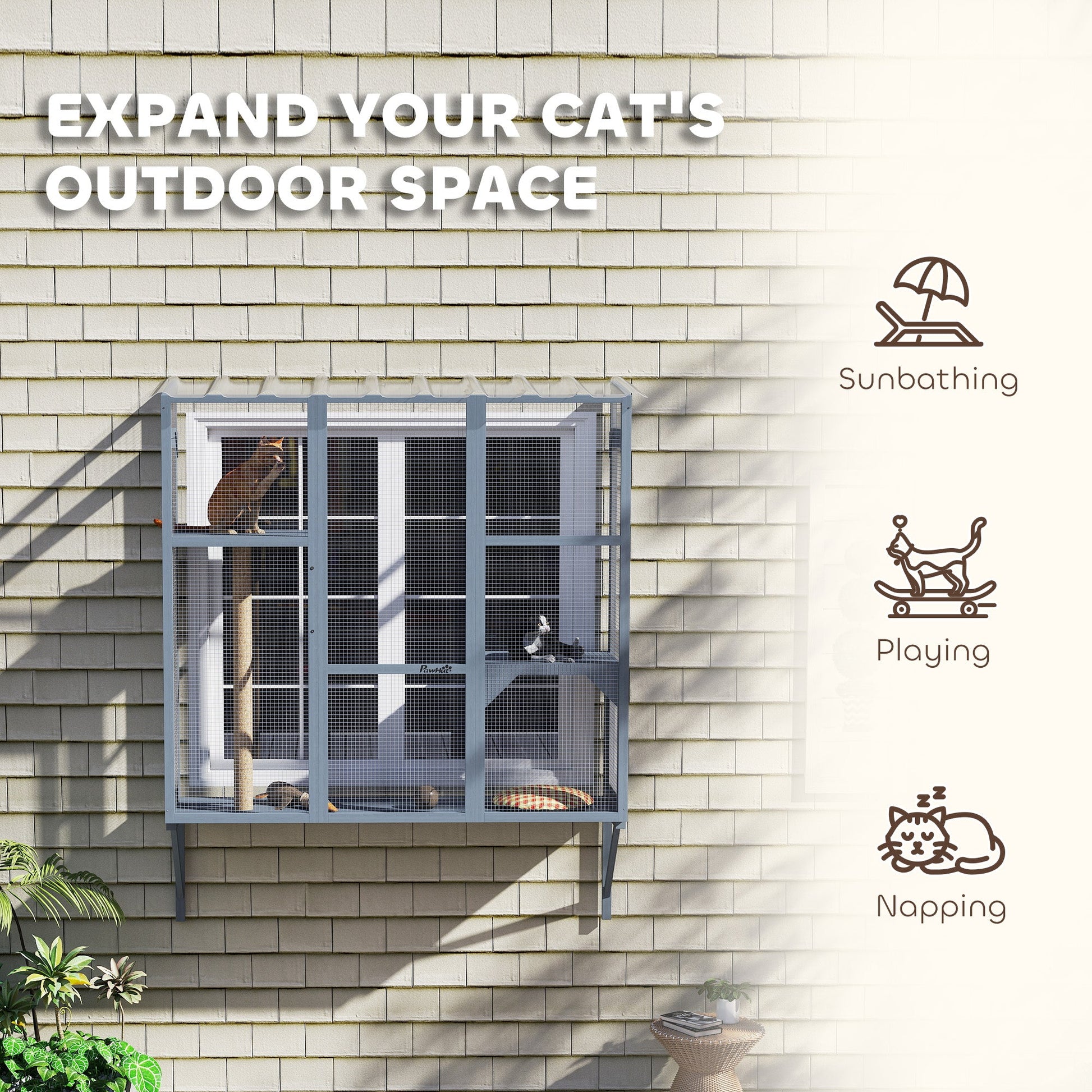 KFX-4538557 Spacious Multi-Level Cat Catio with Safety Net and Jumping Platforms for Outdoor Exploration