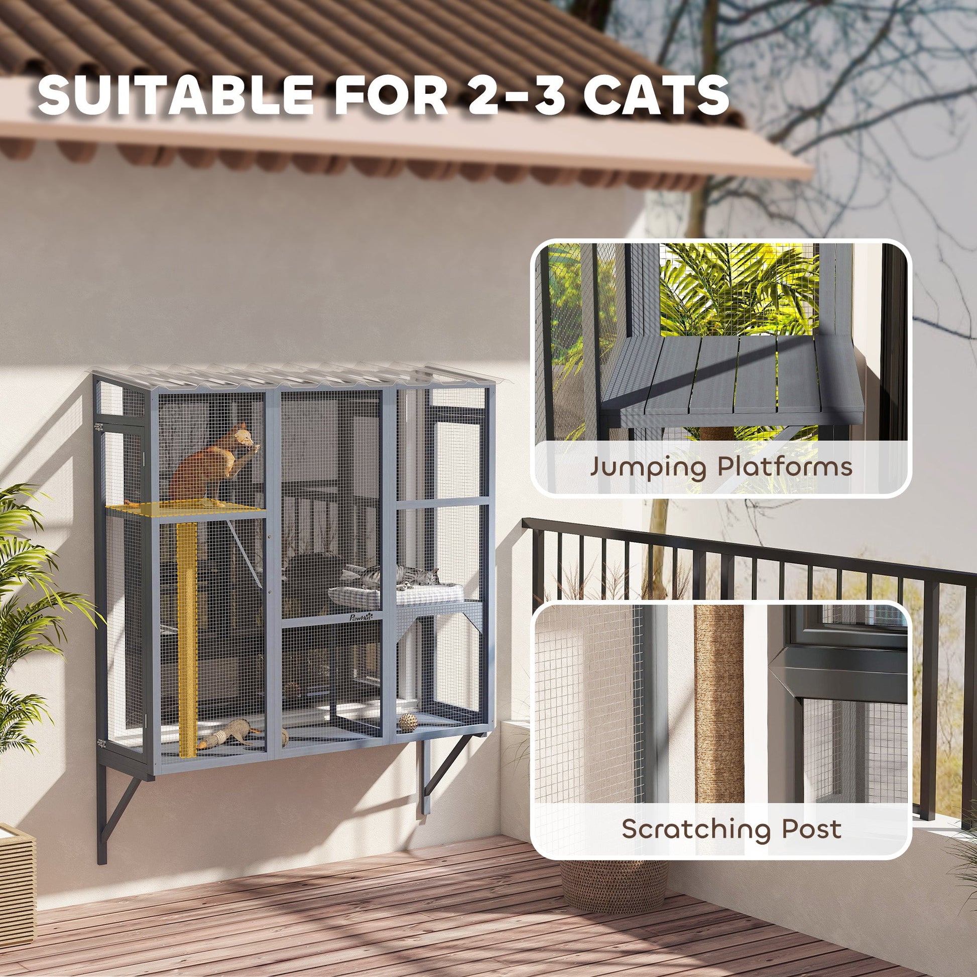 KFX-4538557 Spacious Multi-Level Cat Catio with Safety Net and Jumping Platforms for Outdoor Exploration