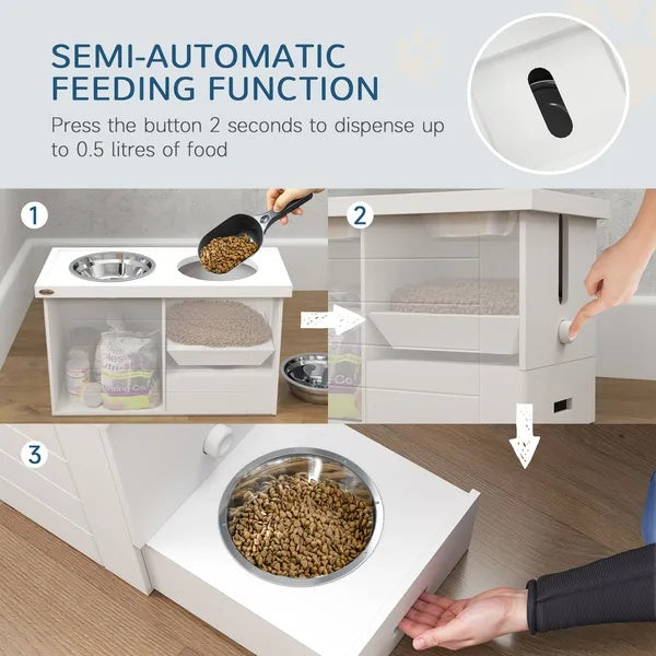 KFX-4548029 Elevated Dog Feeding Station with Slow Feeder Mat, Storage Cabinet, and Three Stainless Steel Bowls for Large Dogs