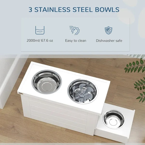 KFX-4548029 Elevated Dog Feeding Station with Slow Feeder Mat, Storage Cabinet, and Three Stainless Steel Bowls for Large Dogs