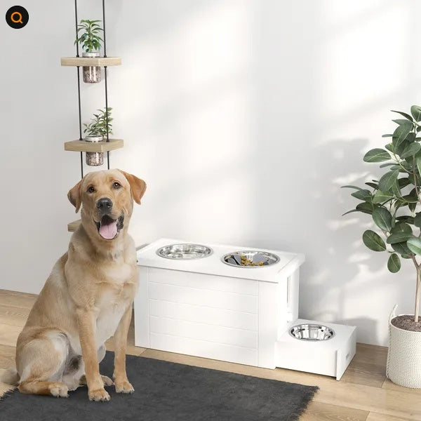 KFX-4548029 Elevated Dog Feeding Station with Slow Feeder Mat, Storage Cabinet, and Three Stainless Steel Bowls for Large Dogs