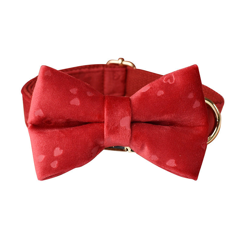 KFX-4551997 Red Heart Velvet Dog Bowknot Collar and Leash Set