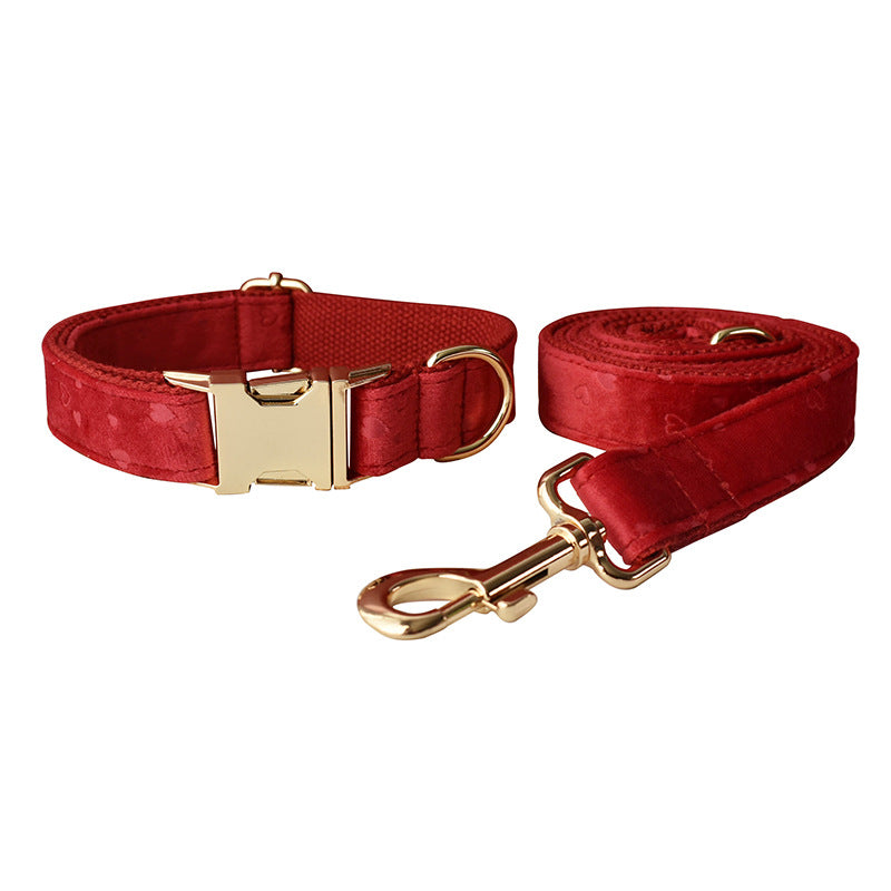 KFX-4551997 Red Heart Velvet Dog Bowknot Collar and Leash Set