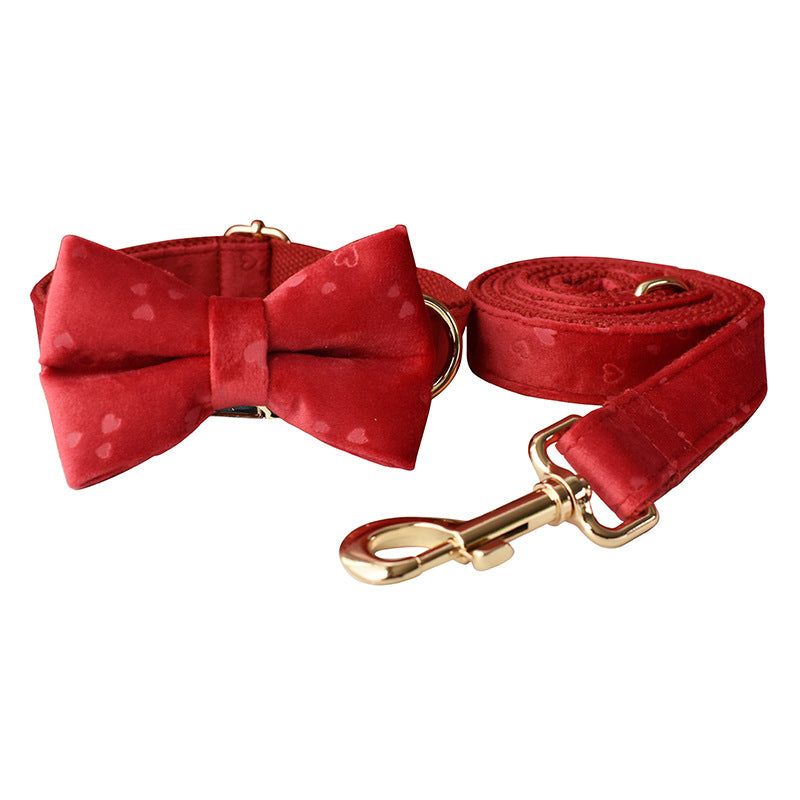 KFX-4551997 Red Heart Velvet Dog Bowknot Collar and Leash Set