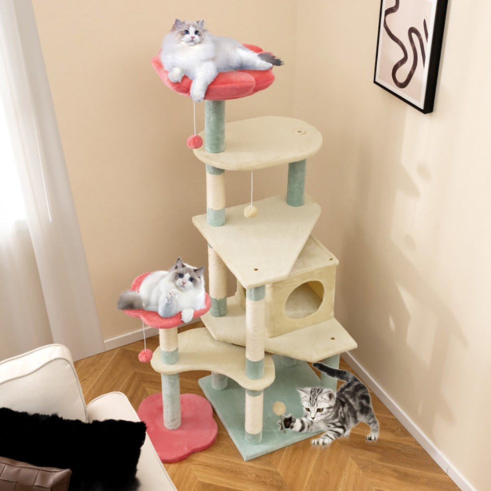 KFX-4553277 61-Inch Multi-Level Cat Tree with Flower-Shaped Perch and Cozy Condo for Cats