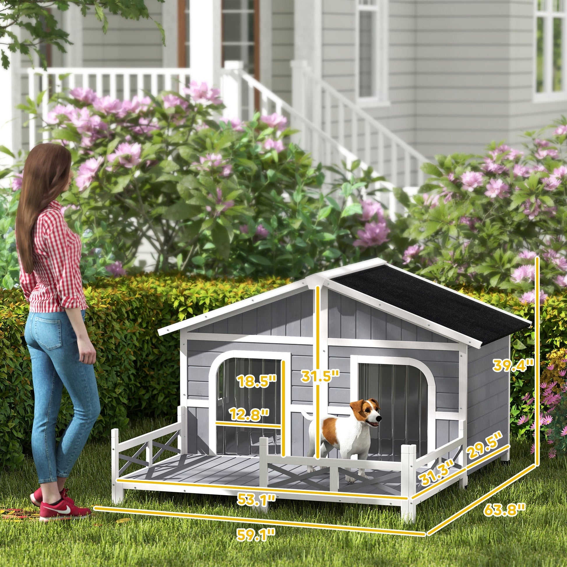KFX-4553661 Gray Wooden Dog House with Porch, Double Room Design, Weatherproof, Openable Roof, Removable Bottom for Small to Medium Breeds