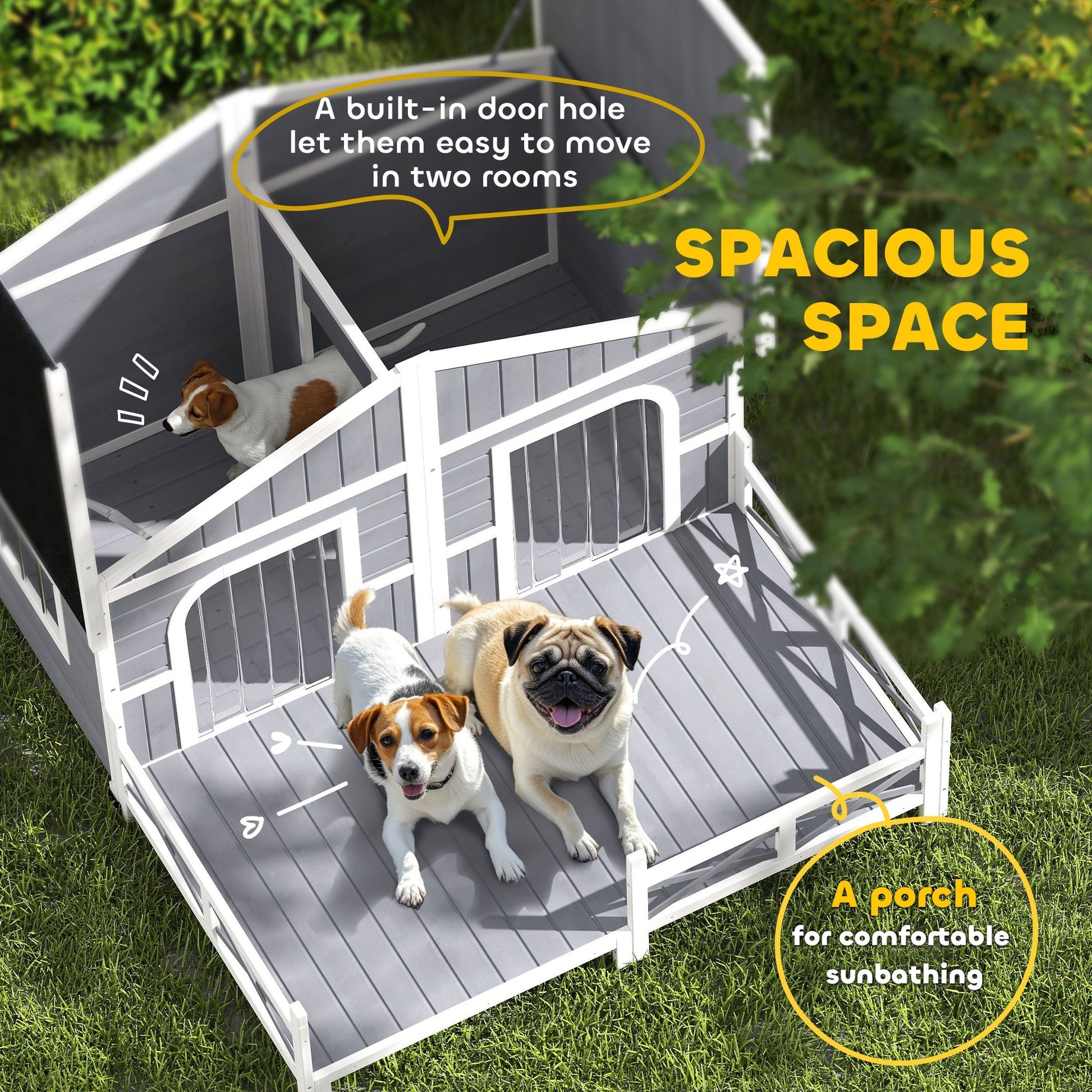 KFX-4553661 Gray Wooden Dog House with Porch, Double Room Design, Weatherproof, Openable Roof, Removable Bottom for Small to Medium Breeds