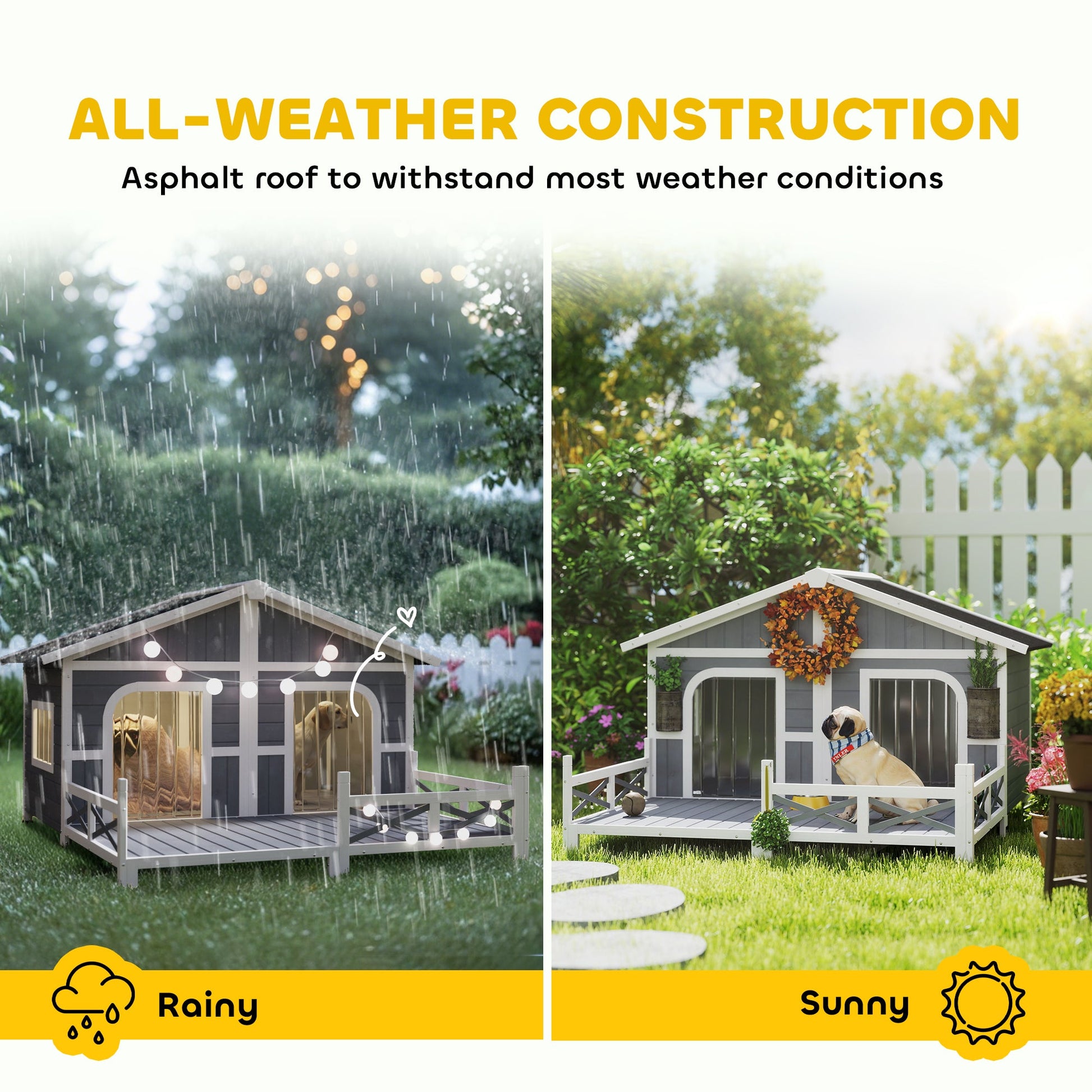 KFX-4553661 Gray Wooden Dog House with Porch, Double Room Design, Weatherproof, Openable Roof, Removable Bottom for Small to Medium Breeds
