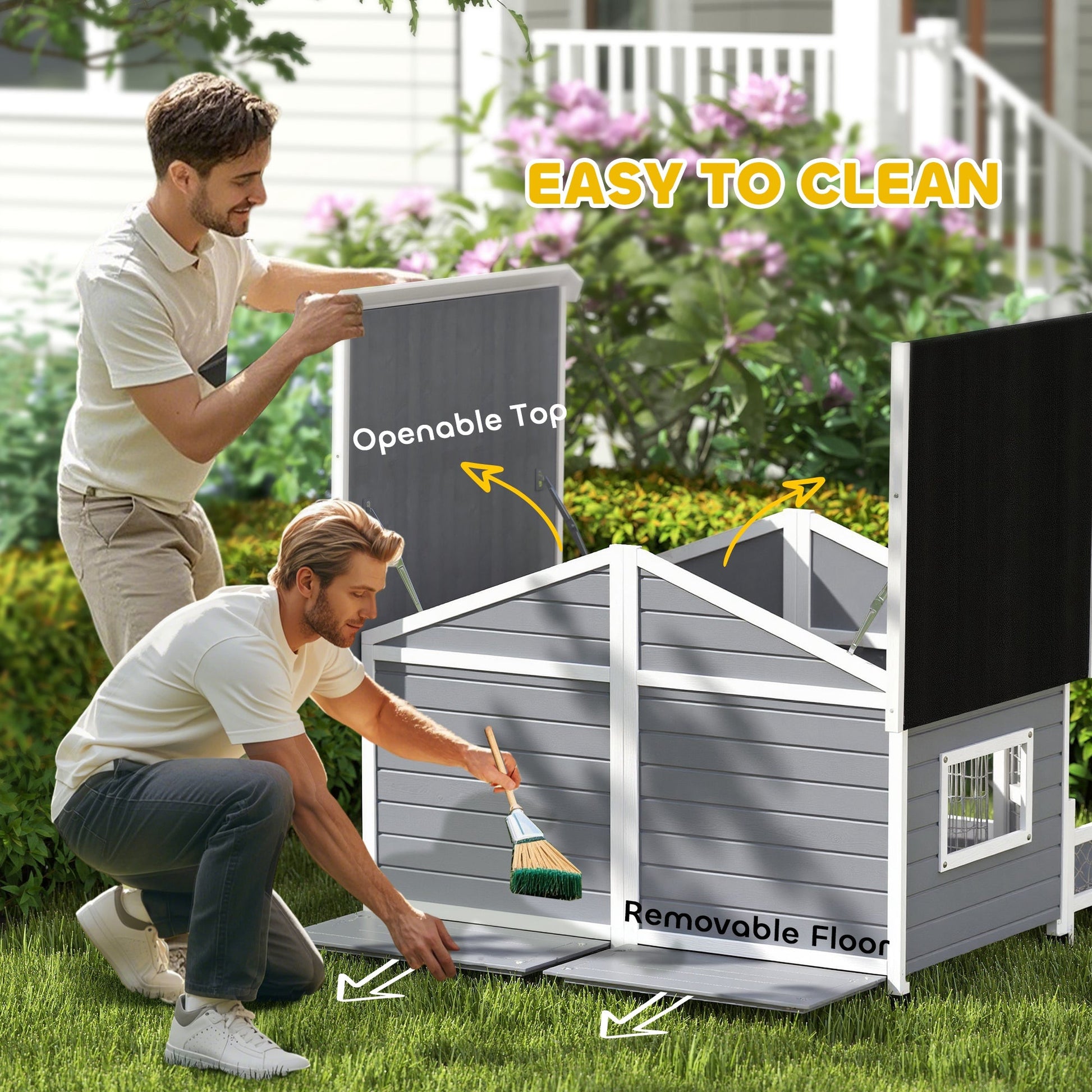 KFX-4553661 Gray Wooden Dog House with Porch, Double Room Design, Weatherproof, Openable Roof, Removable Bottom for Small to Medium Breeds