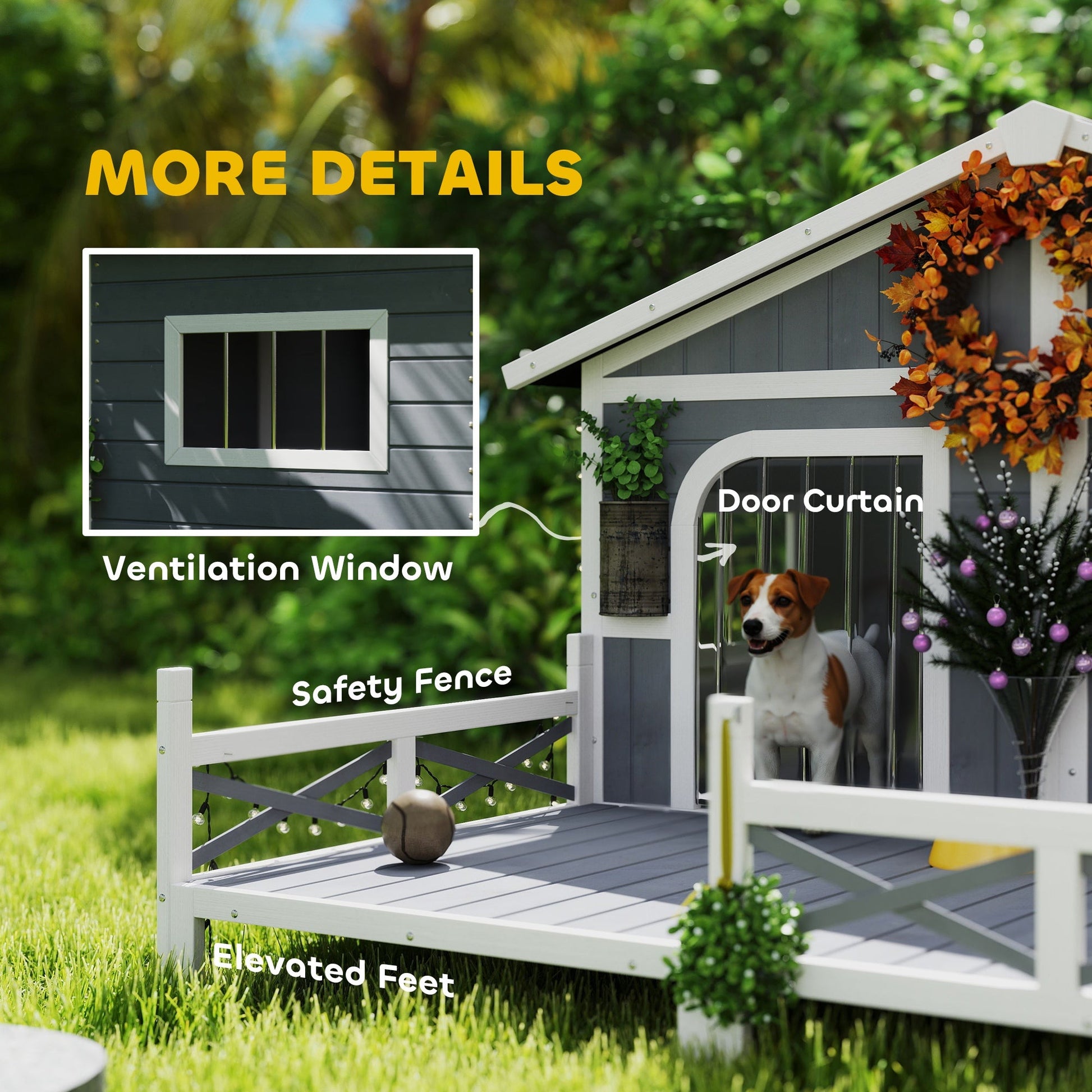 KFX-4553661 Gray Wooden Dog House with Porch, Double Room Design, Weatherproof, Openable Roof, Removable Bottom for Small to Medium Breeds
